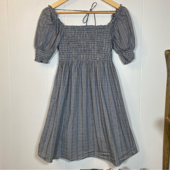 Hill House The Athena Nap Dress Plaid Grey Babydoll Smocked Blue Puff Sleeves - Picture 9 of 9